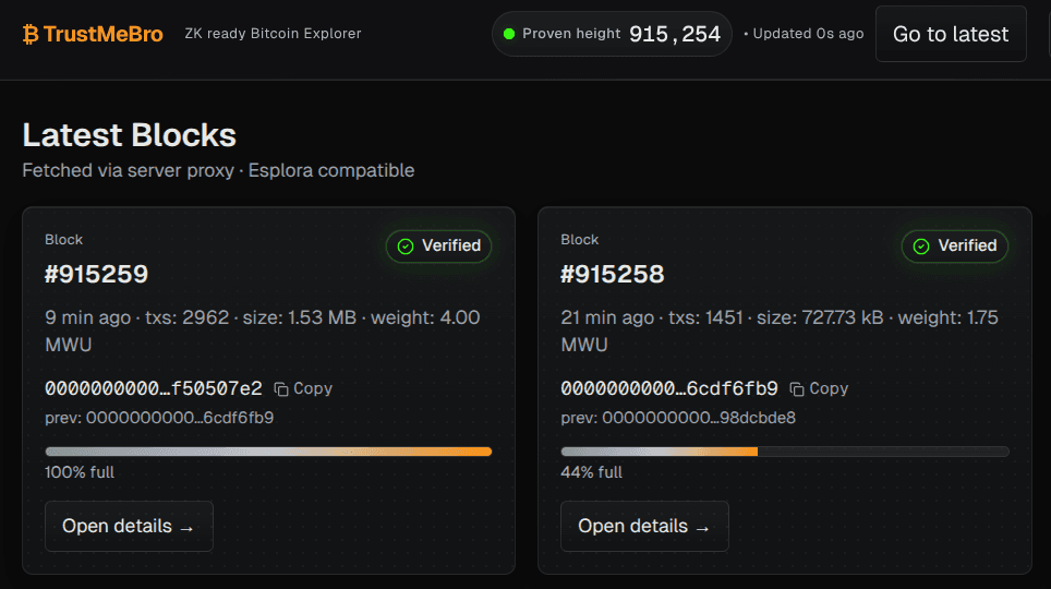 TrustMeBro ZK ready Bitcoin Explorer Screenshot